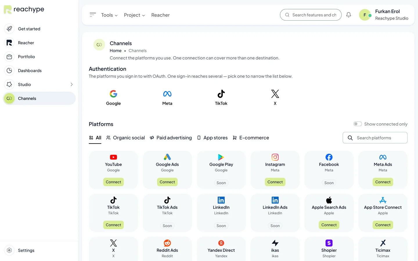 The Reachype Integrations screen: platforms grouped by the account you sign in to, each marked connectable or coming soon