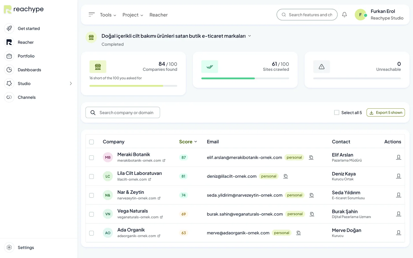 The Reachype lead finder: the proposed customer profile and the scored company table