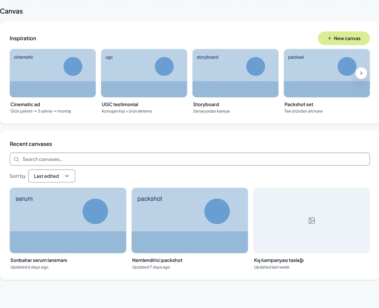 The Reachype canvas: ready-made starts and saved canvases