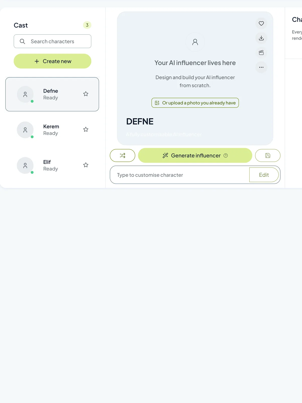 The Reachype character cast screen: saved characters and the character builder