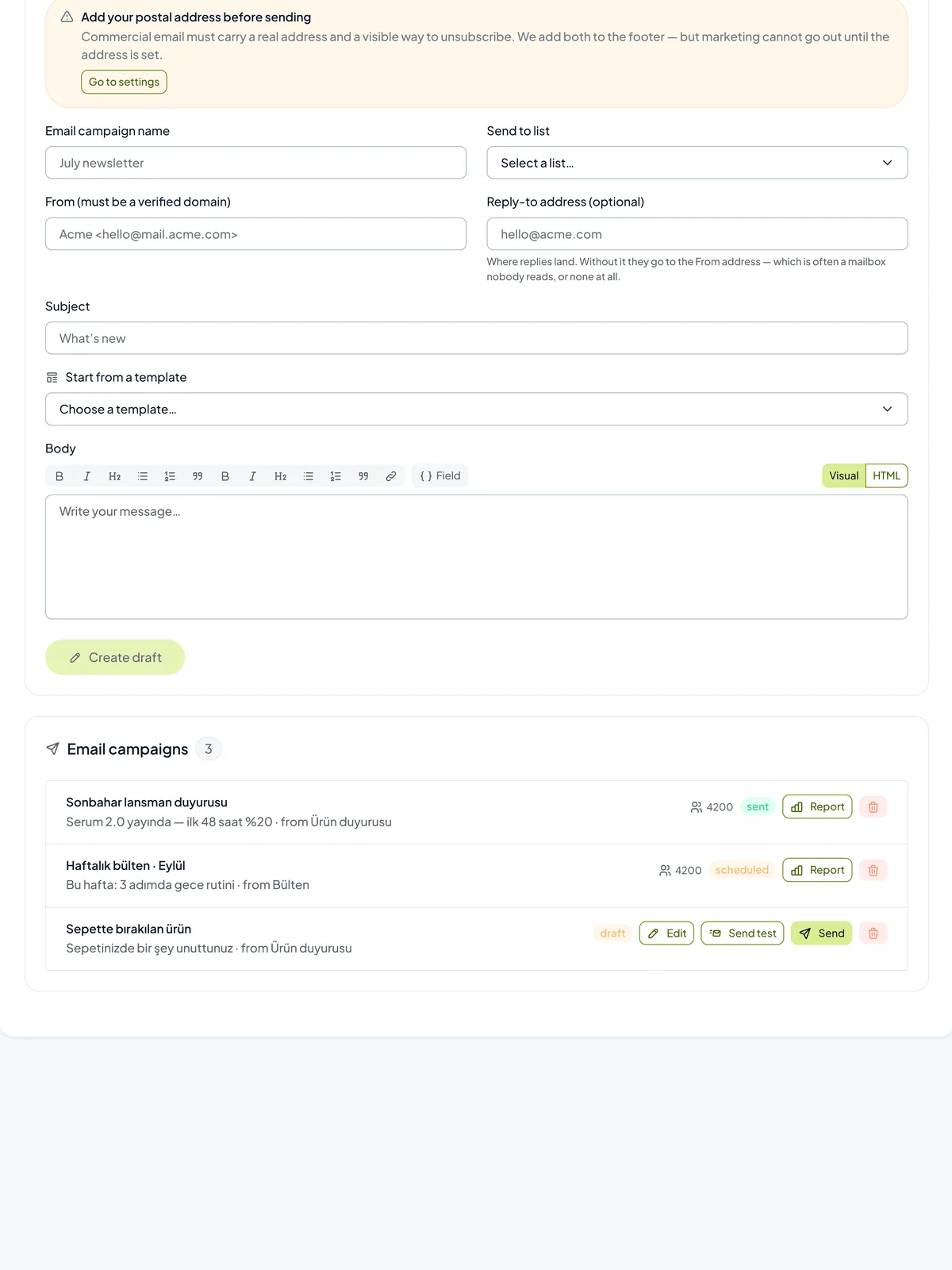 The Reachype email campaigns screen: the composer and the list of sent campaigns