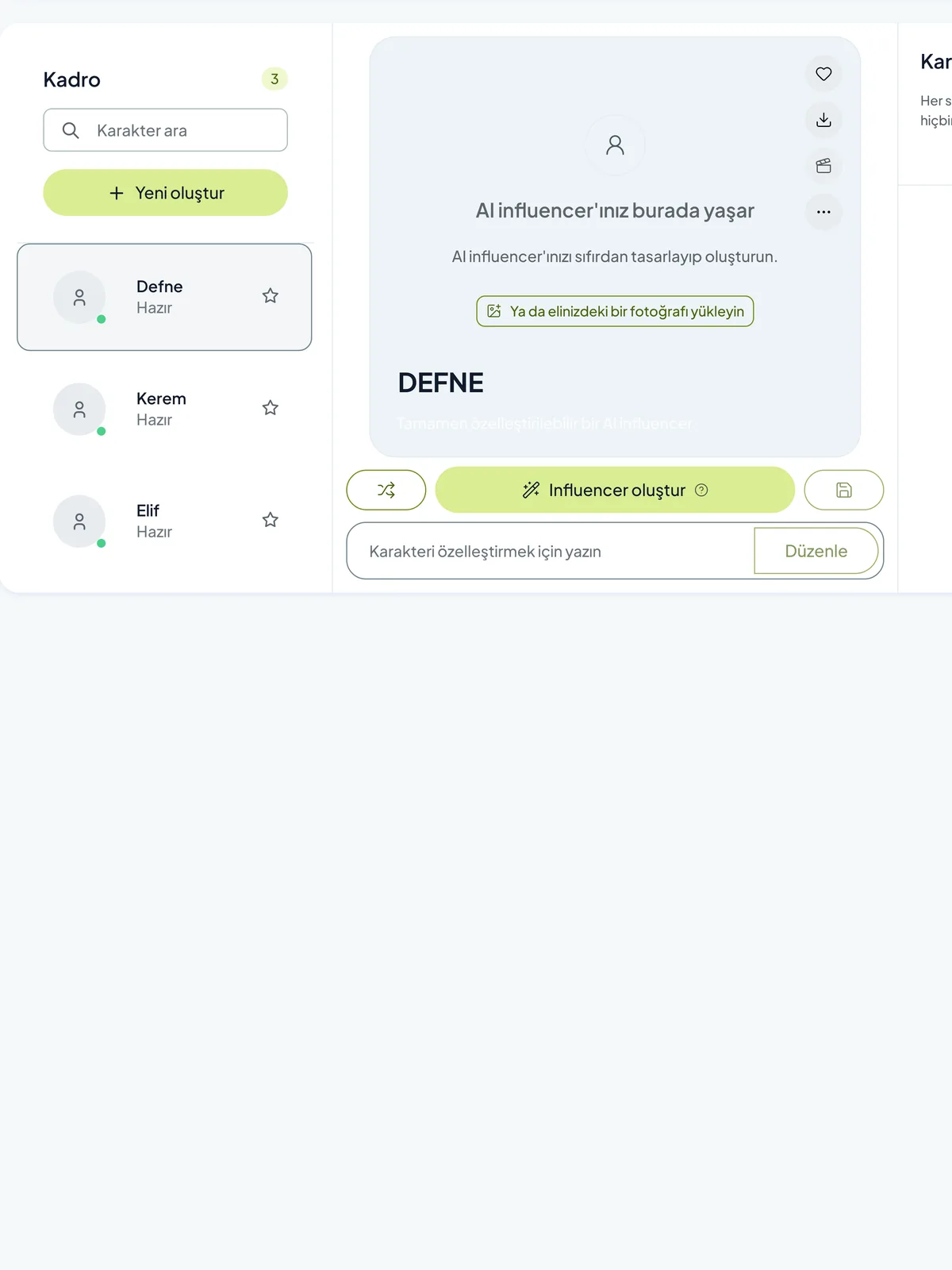 Reachype karakter kadrosu ekranı: kayıtlı karakterler ve karakter oluşturucu