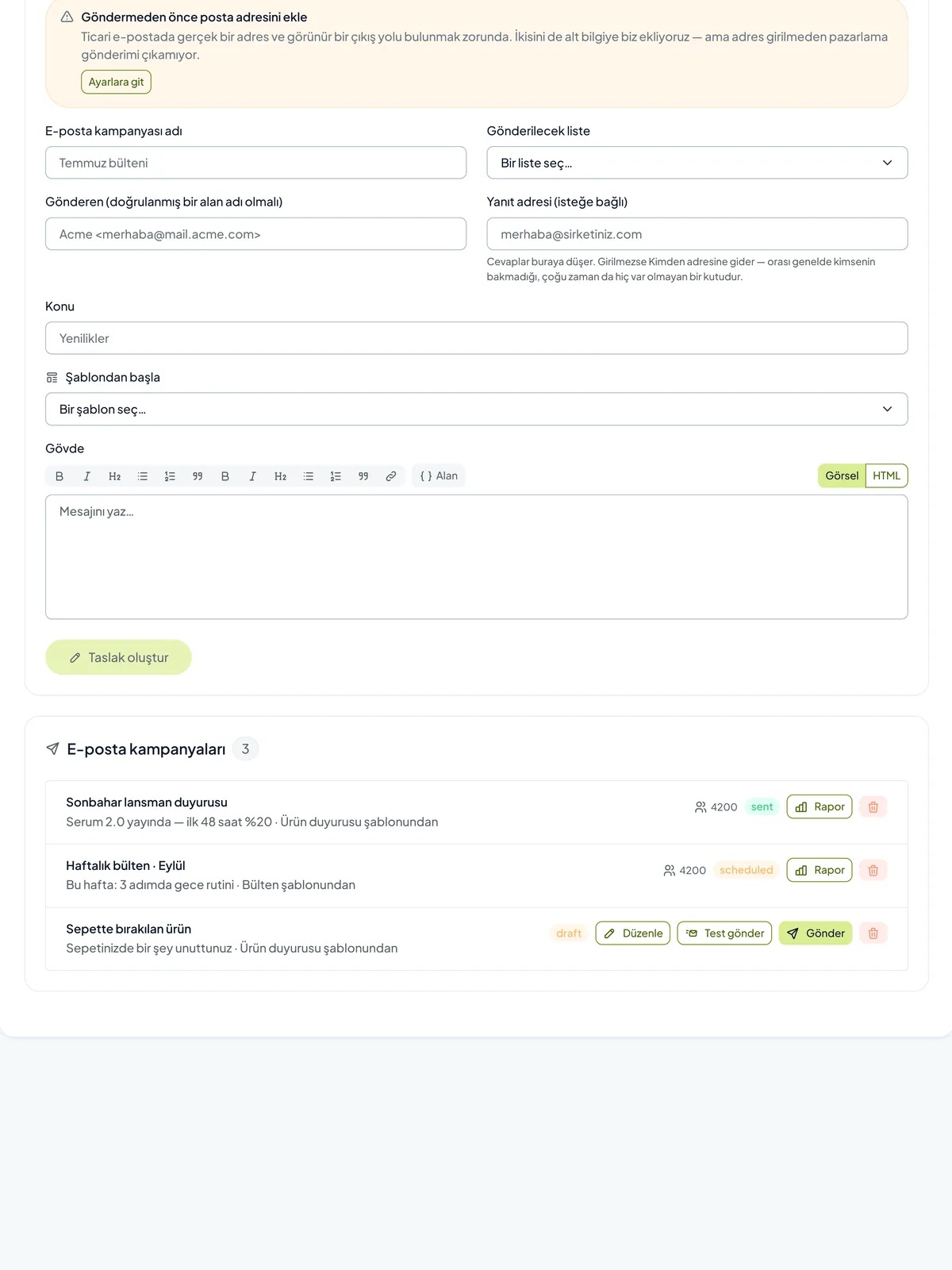 Reachype e-posta kampanyaları ekranı: kampanya oluşturucu ve gönderilmiş kampanya listesi